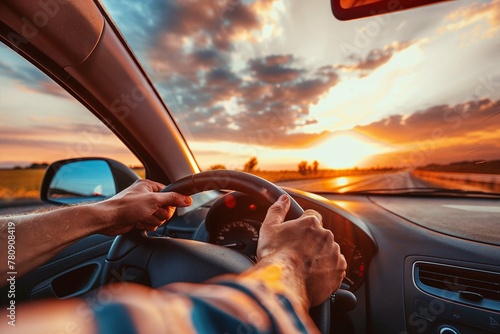 Driver's sunset journey, hands clasping steering wheel on open road against evening sky