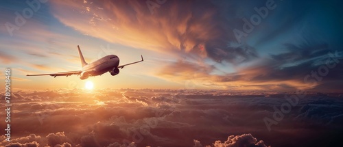 Commercial airplane gliding over spectacular cloudscape against a breathtaking sunset sky