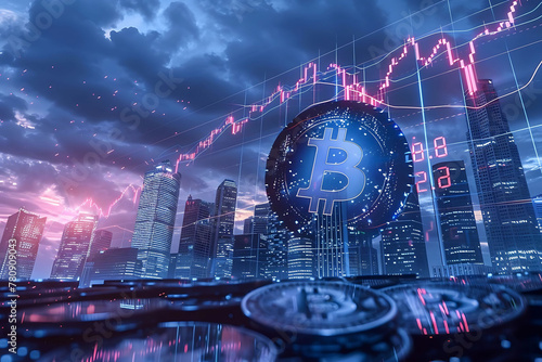 Bitcoin on rising graph of stock market investment trading chart, market indicators with crypto currency symbol. Financial business district skyline at dusk, denoting volatility & resilience.