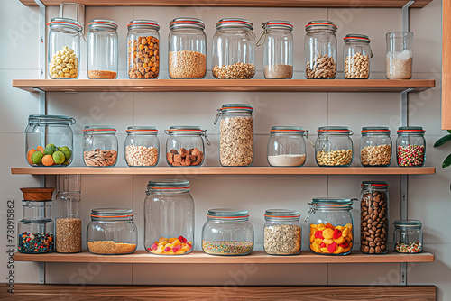An image of a shelf in a kitchen unit on which cereals are placed in glass jars in a minimalist style.