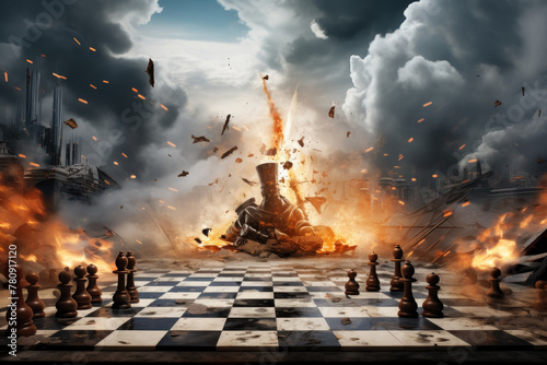 Dramatic chess war scene with explosions and debris on a chessboard cityscape