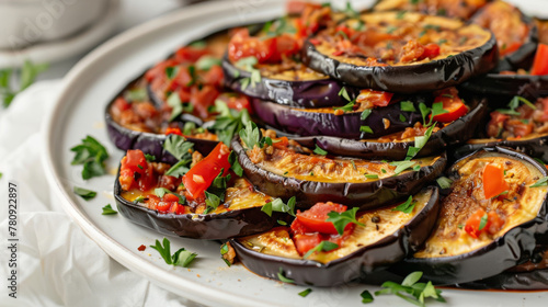 Delicious iraqi cuisine with grilled eggplant topped with tomatoes and herbs