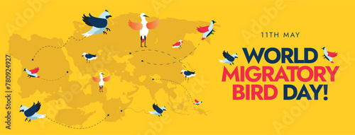 World Migratory Bird day. 11th May World Migratory Bird Day celebration cover banner, post with silhouette world map and birds with dotted lines. Migration Birds conservation Awareness banner.