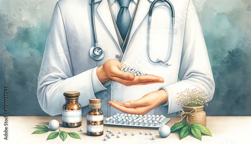 Digital art of Doctor Homeopath with homeopathy medicine bottle. Hand displaying homeopathic globules. Concept of homeopathy, alternative medicine, organic apothecary, naturopathy