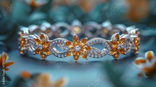 Bracelet in silver and diamonds with yellow topaz stone on white