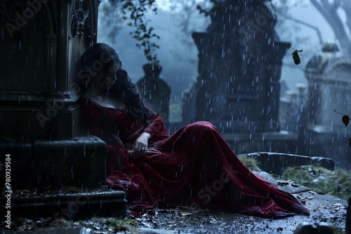 Young woman in red dress in rainy cemetery