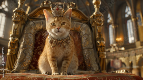 A majestic orange cat sits on a royal throne, wearing a crown and a luxurious necklace, exuding a regal aura