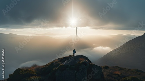 Man in mountains with cross. Concept of acceptance of Christianity, purification and faith. AI Generated