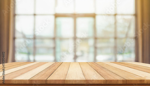 Empty wooden countertop with blurred panoramic window background. Mockup for the presentation of products, drinks, food and delicacies. Background with empty space for text. Generative AI.