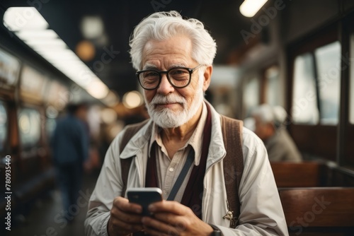 Homem idoso, cabelos brancos, fazendeiro, consultando seu celular em área rural, gerado com ia