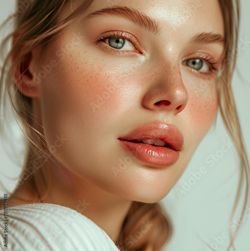 model with Dewy skin and rosy blush cheeks professional makeup in a fashion