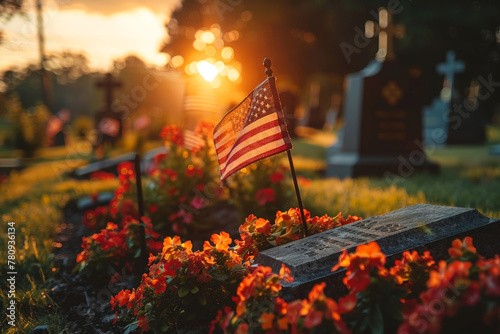 Golden hour light at a cemetery with American flag and floral tributes on a grave.