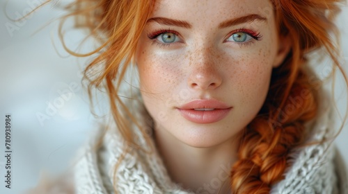 Young woman with blond red hair in a fishtail braid and a dramatic eye makeup look