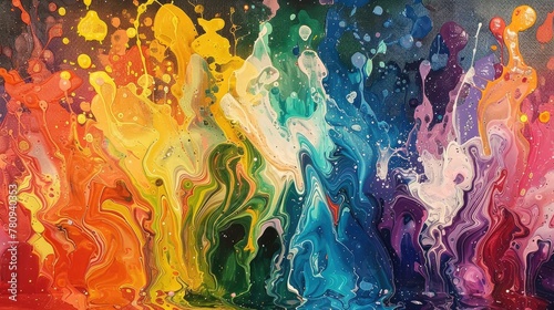 Vibrant Symphonic Acrylic Painting with Fluid Color Splashes and Expressive Swirls