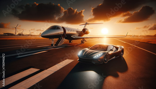 luxurious and sophisticated scene at an airstrip during sunset. The image should feature a high-end private jet and a luxury sports car