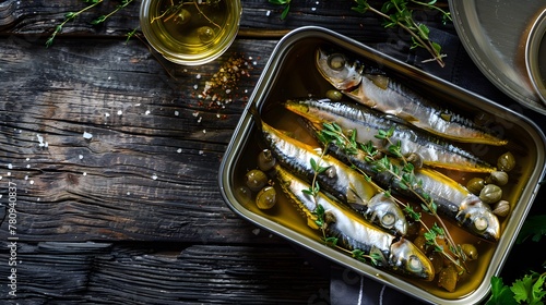 Open tin of sardines in olive oil with capers and thyme on dark rustic wooden background