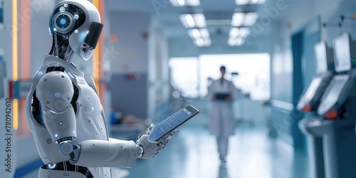 robot doctor in a hospital room with a tablet in his hands against the background of the hospital room. The concept of future technologies.