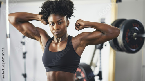 African American woman is flexing her muscles in a gym setting, showcasing strength and dedication to her fitness routine