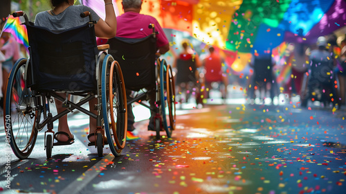 Inclusive happy disabled wheelchair users celebrating pride LGBTQ+ street parade waving rainbow flags confetti. Gay people handicapped disability partying queer non-binary crowd Inclusion diversity