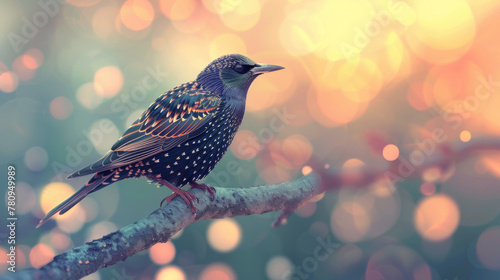 A starling bird on a tree branch, basking in the enchanting glow of soft light.