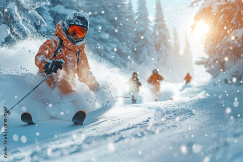 A group of friends hitting the slopes for a day of skiing and snowboarding, carving through fresh powder with exhilaration. Concept of winter fun and adrenaline. Generative Ai.
