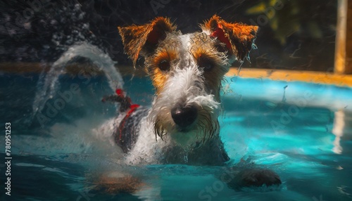 wire fox terrier swimming in pool