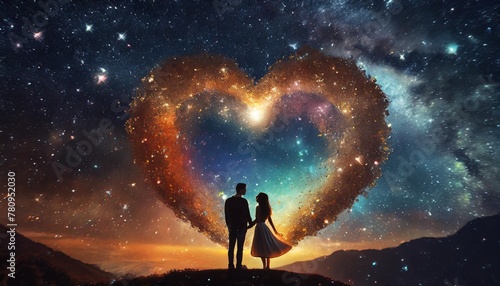 romantic silhouette of couple against cosmic starry sky background with glowing heart shaped space