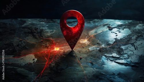 minimalistic red location pin on a dark map background