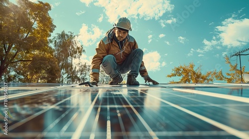 Medium shot of three workers in a uniform and hardhat installing photovoltaic panels on a metal basis on a solar farm. AI generated illustration
