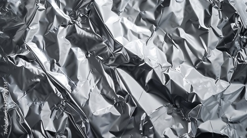 A blank glued aluminum foil texture, background or wallpaper, featuring a crumpled abstract surface from wrapping paper, creating a wrinkled shiny silver foil for various design applications