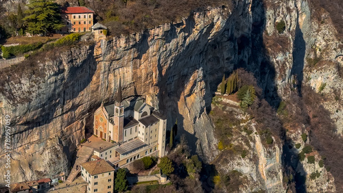 Medieval church Santuario Basilica Madonna della Corona on the cliffs Verona, Italy