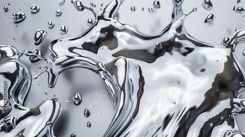 Realistic metal drops are depicted in 3D chrome paint splash, with mercury drip and liquid silver blob shapes on a transparent background, creating glittering brushstrokes for artistic effects