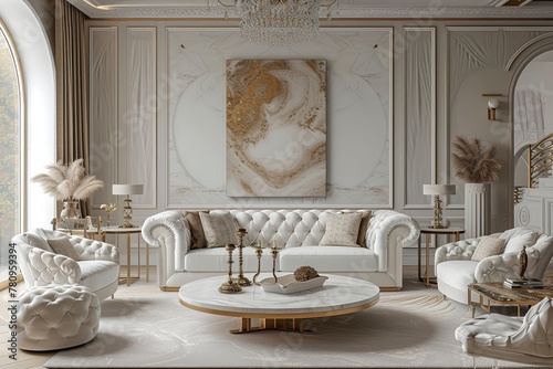 Indian Regency-style white living room with glamorous accents and luxe fabrics