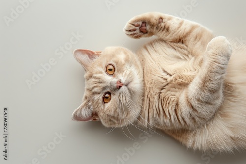 Top view of a white british cat lying on its back with a curious face and showing his belly on grey background