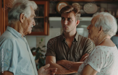 A young 30 years old man is offended by his elderly parents.