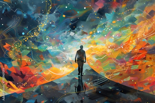 A man is walking down a path in a colorful, abstract painting. The painting is full of bright colors and shapes, giving it a dreamy, surreal feel
