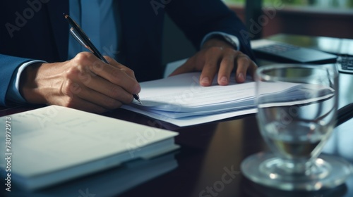 Hands of a businessman signing reports