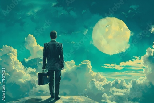 A man in a suit is standing on a ledge looking at a large moon. Business concept