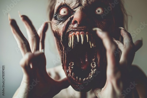 Frightening Zombie Creature with Menacing Stare and Bared Teeth in a Horror Concept