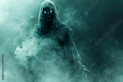 Mysterious Ghostly Figure in a Misty Blue Haze Spooky Apparition, Ethereal Phantom, Horror Concept Art for Halloween and Supernatural Themes