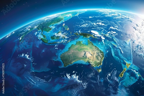 Satellite view of Earth focused on Oceania, Australia, New Zealand, Melanesia, Polynesia, Micronesia, 3D illustration