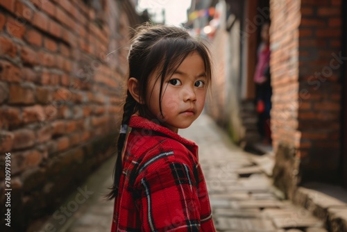 Little Asian girl in the old town of Lijiang, China.