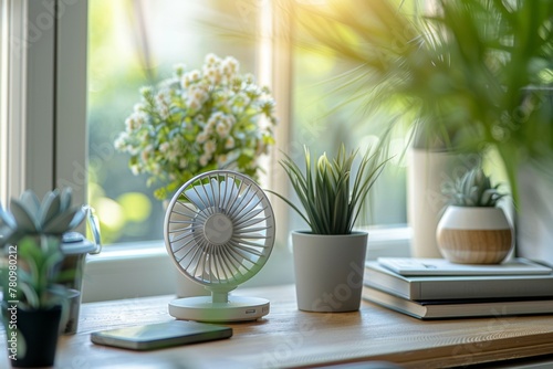 A small fan sits on a desk next to a potted plant and a book. Summer heat concept