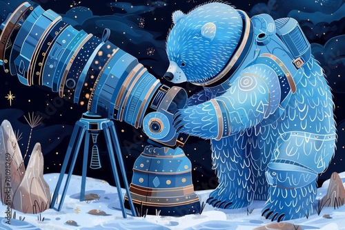A lumbering bear in a bulky spacesuit, dwarfed by a massive telescope