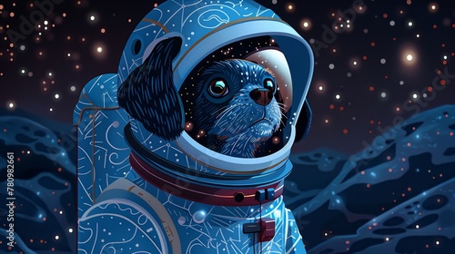 A stoic dog in a spacesuit helmet, visor reflecting the stars