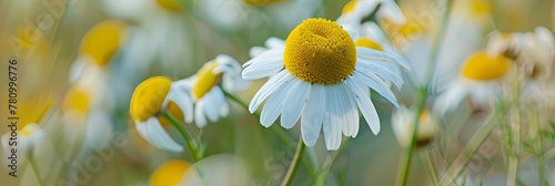 close up of the white and yellow chamomile flower, generative AI