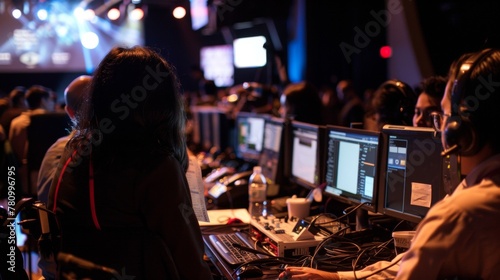A montage of scenes shows the stressful and chaotic backstage environment of a large event as interpreters rush between languages and navigate technological glitches with calm expertise. .