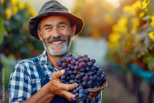 Joyful senior man in hat presenting a basket of ripe grapes in a vineyard at sunset