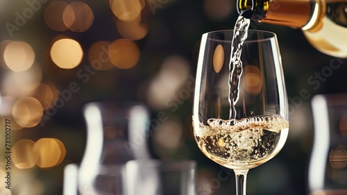 Close-up of sparkling wine being poured into glass with blurred background