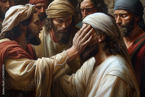 Portrait of Jesus healing the blind man in jerusalem: capturing the compassionate miracle of sight restoration, depicting a profound moment of faith and divine intervention in biblical narrative